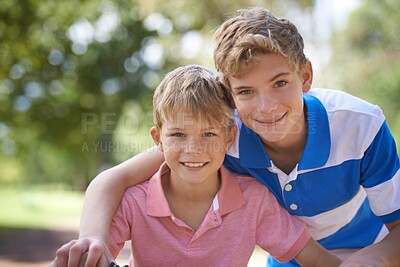 Buy stock photo Nature, smile and young children in park with positive, good and confident attitude in outdoor forest. Happy, bonding and portrait of boy kids playing with hobby at field or garden in summer.
