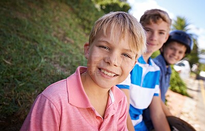 Buy stock photo Portrait, smile and children friends skating outdoor together for fun, leisure or recreation in summer. Face, sports and group of kids on sidewalk or street of neighborhood for skateboarding 