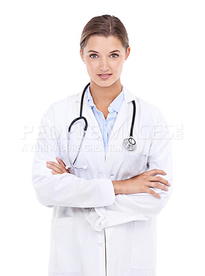Buy stock photo Doctor, woman or arms crossed in studio or portrait with confidence in medical career as cardiologist. Pride, coat or medicine consultant with name tag or healthcare isolated on white background 