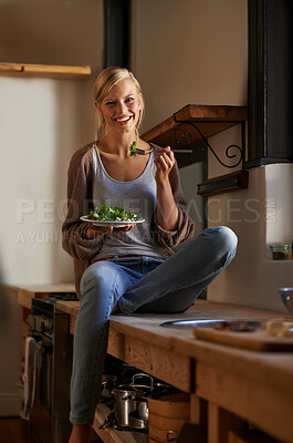 Buy stock photo Woman, kitchen and vegetables with smile, portrait and home for nutrition, salad and diet. Person, house and lunch for health, wellness and relaxation and break for wellbeing, rest and happiness