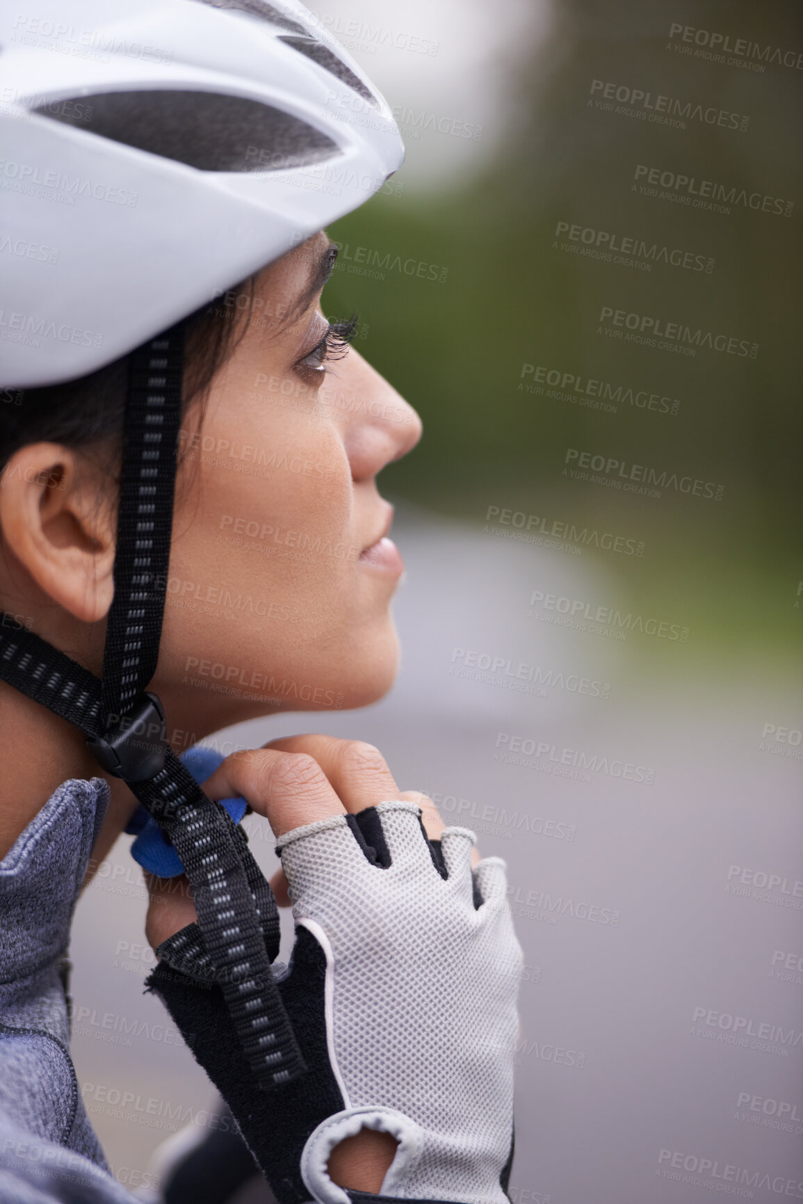 Buy stock photo Cycling, woman and adjust helmet for safety, protection and exercise gear to travel outdoor. Bicyclist, person and putting on hat in preparation for training, sports or closeup for fitness in profile