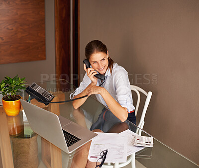 Buy stock photo Businesswoman, laptop and communication in phone professional, formal clothes and working in office. Female person, smile and talking with clients or sitting, corporate and computer with connectivity