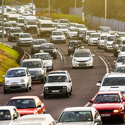 Buy stock photo Traffic jam, highway and street in city for driving, transportation or travel in rush hour. Busy urban road, cars and transport in Cape Town metro with congestion, infrastructure network and outdoor