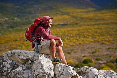 Buy stock photo Man, hiker and gear with backpack, landscape and nature for travel, adventure and hiking. Male person, journey and backpacking for discovery, fitness and exploring for recreation, outdoor and sports