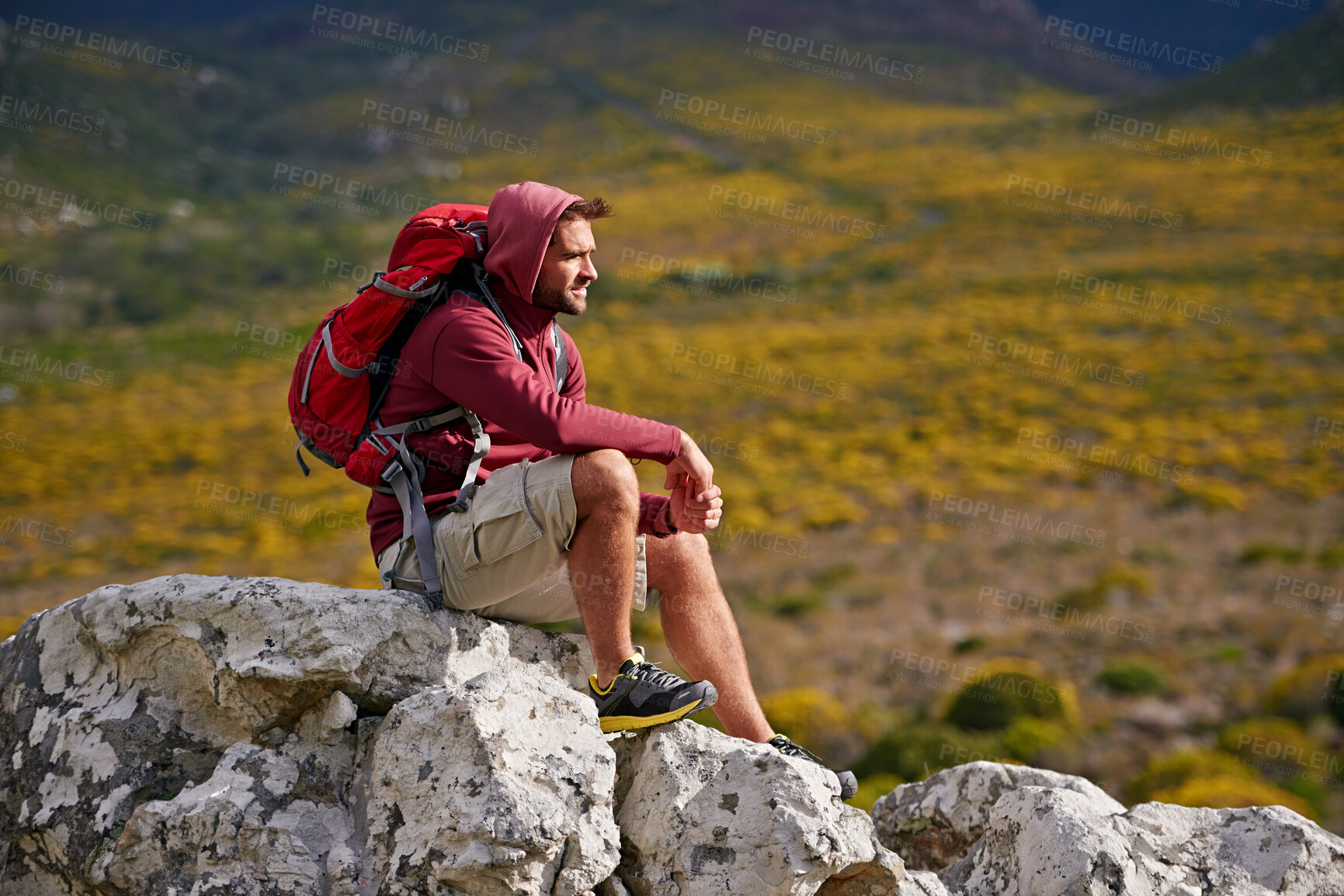 Buy stock photo Man, hiker and gear with backpack, landscape and nature for travel, adventure and hiking. Male person, journey and backpacking for discovery, fitness and exploring for recreation, outdoor and sports