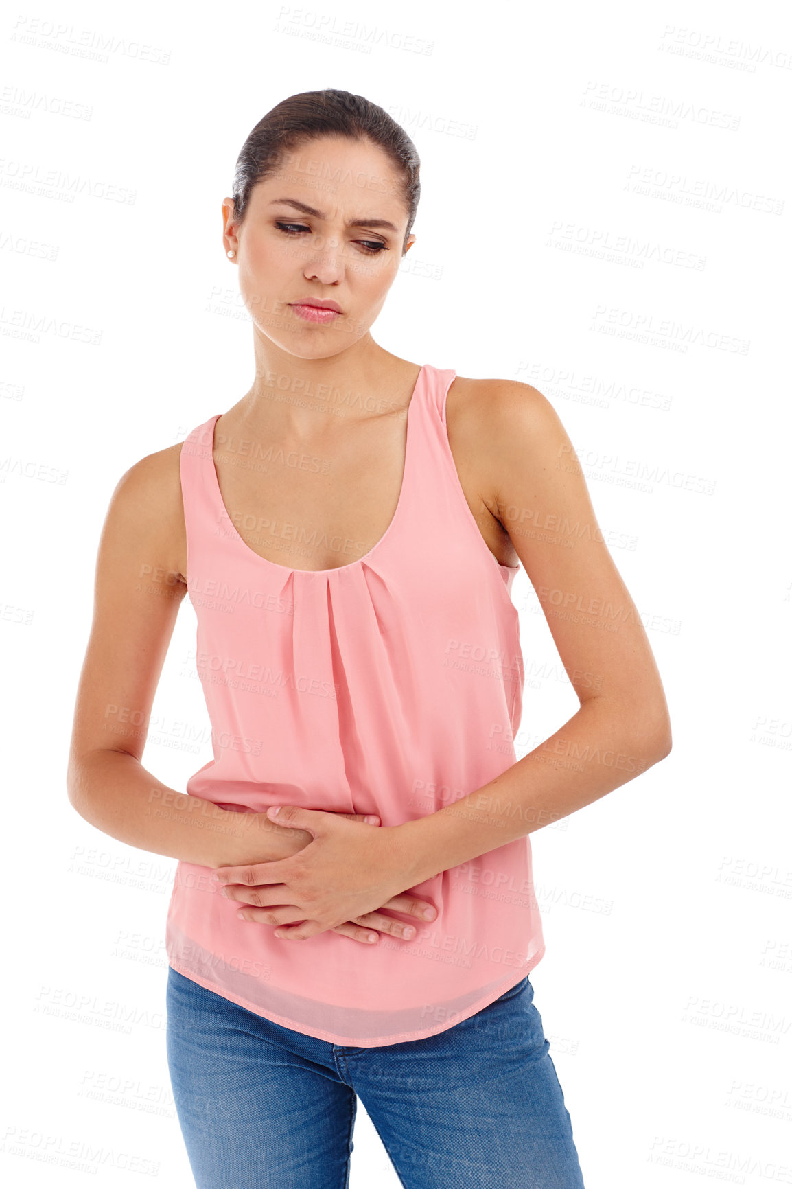 Buy stock photo Stomach ache, pain and woman on a white background with indigestion, period stress and injury. Health, sick and isolated person holding abdomen for nausea, belly problems and tummy cramps in studio