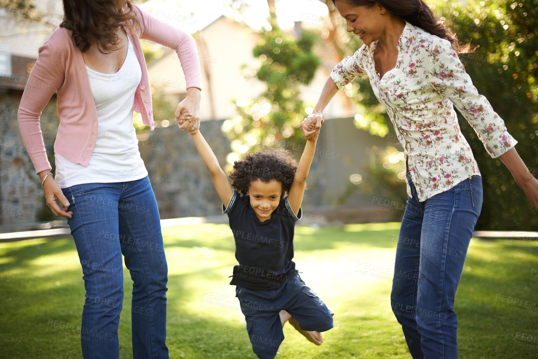 Buy stock photo Grandmother, mom or boy in park holding hands with love, care or wellness outdoors for bonding together. Playing, family and happy son in nature to swing with grandma, child and smile with parent