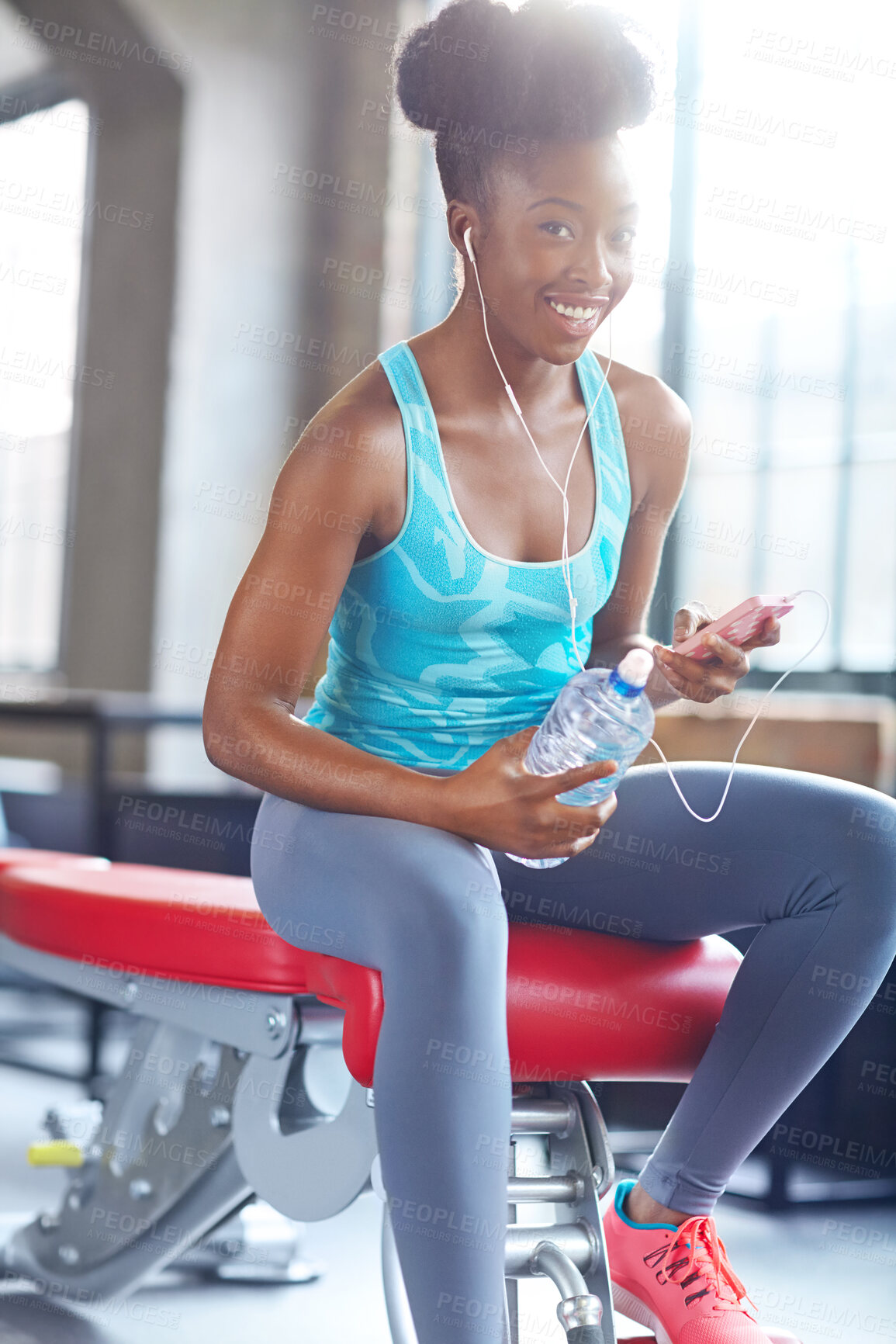 Buy stock photo Portrait, wellness center and black woman listening to music, water and fitness with hydration and healthy. Face, African person and athlete with training and streaming song with exercise motivation