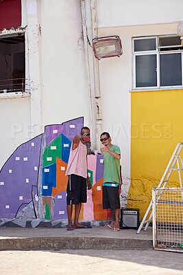 Buy stock photo Friends, street and men with thumbs up for graffiti, pop art and thanks for collaboration with sunglasses. Latino people, artist and creative painting on wall with like emoji for talent in Brazil