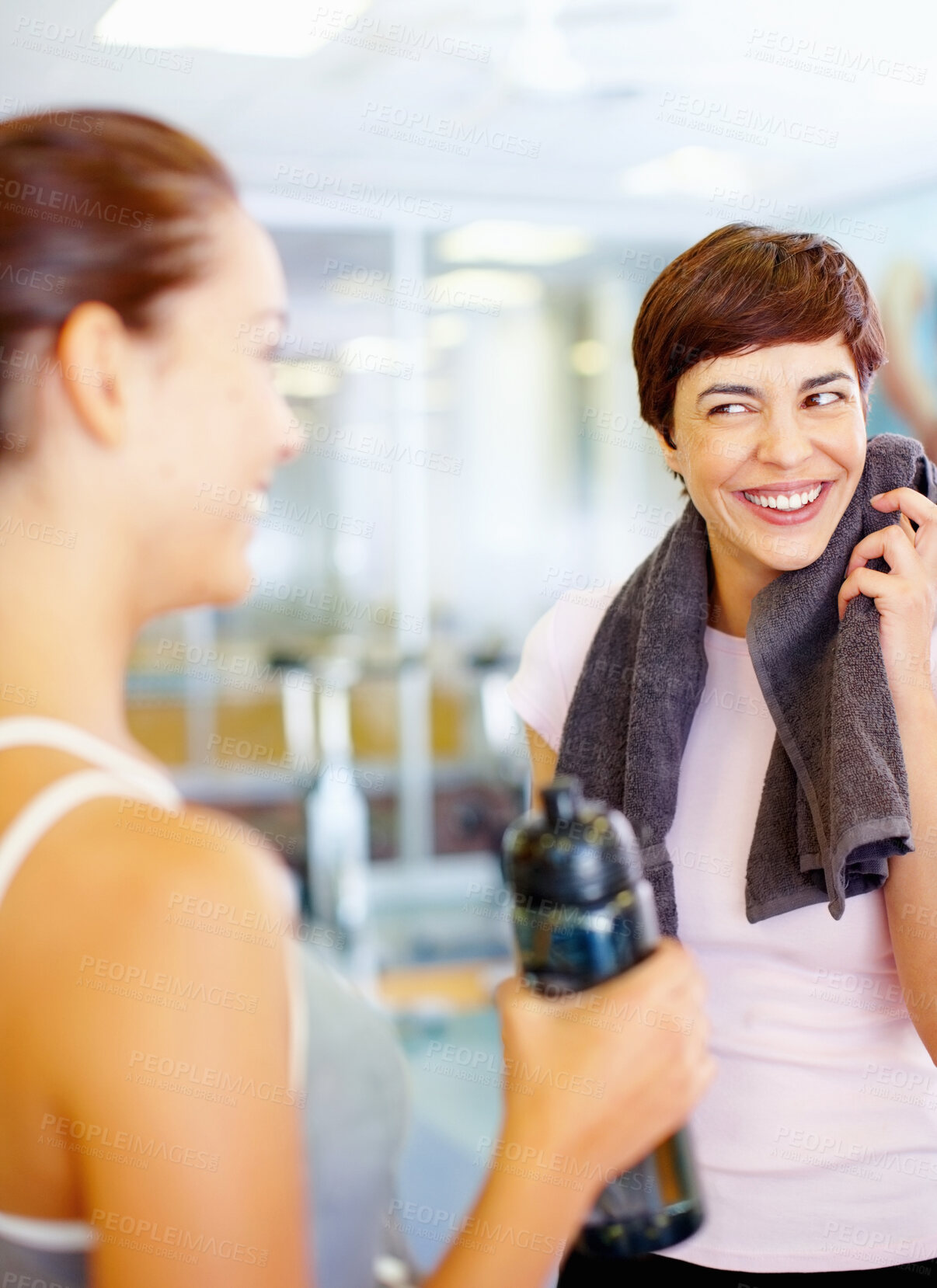 Buy stock photo Fitness woman with friend enjoying time together after a workout