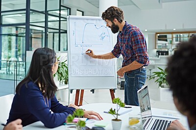 Buy stock photo Whiteboard, graph and man in office for strategy with teamwork and collaboration. People, boardroom and meeting for business growth, feedback and report for reviews with presentation for statistics