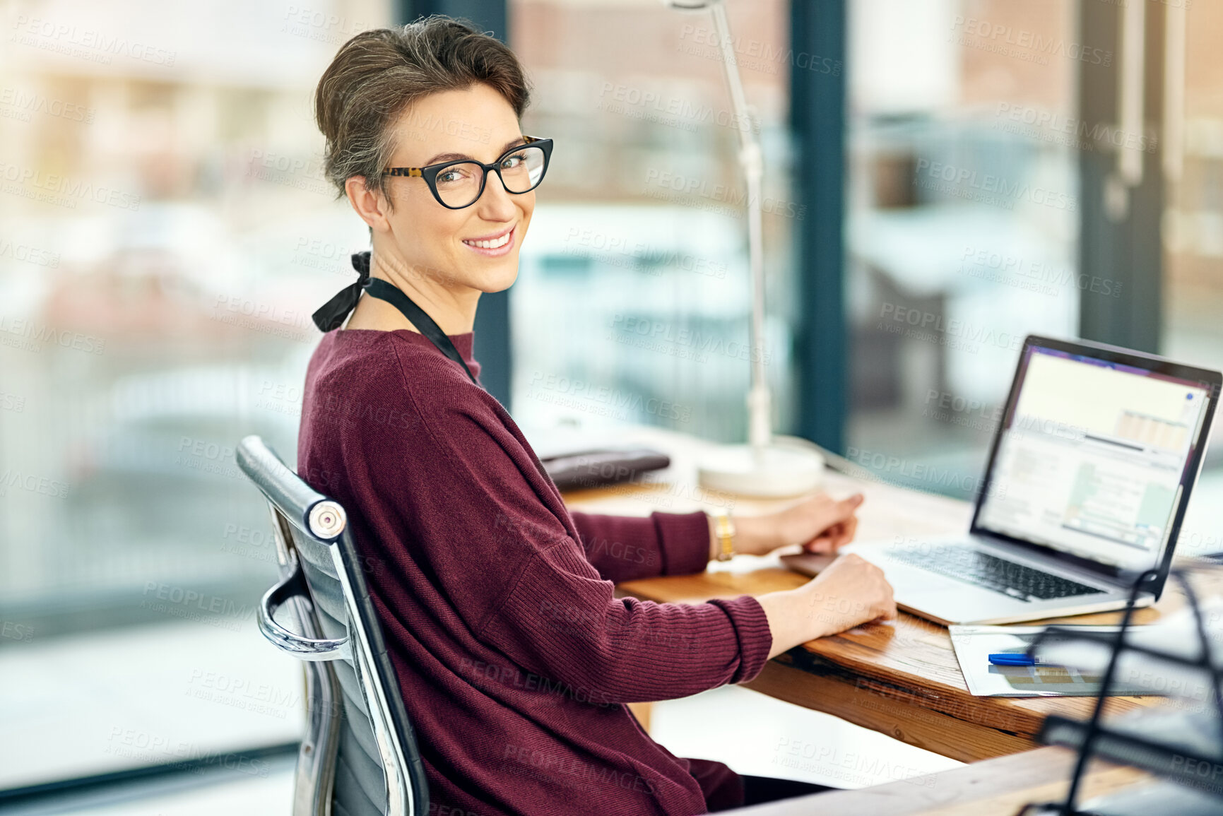 Buy stock photo Portrait, woman and laptop in office with happiness for career, job growth and opportunity in confidence. Female employee, smile and research for creative ideas, plan and designs as graphic designer