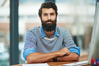 Buy stock photo Portrait, creative and business man at desk in office by computer in startup company. Face, serious professional or confident entrepreneur, editor or employee working at table in Canada for career