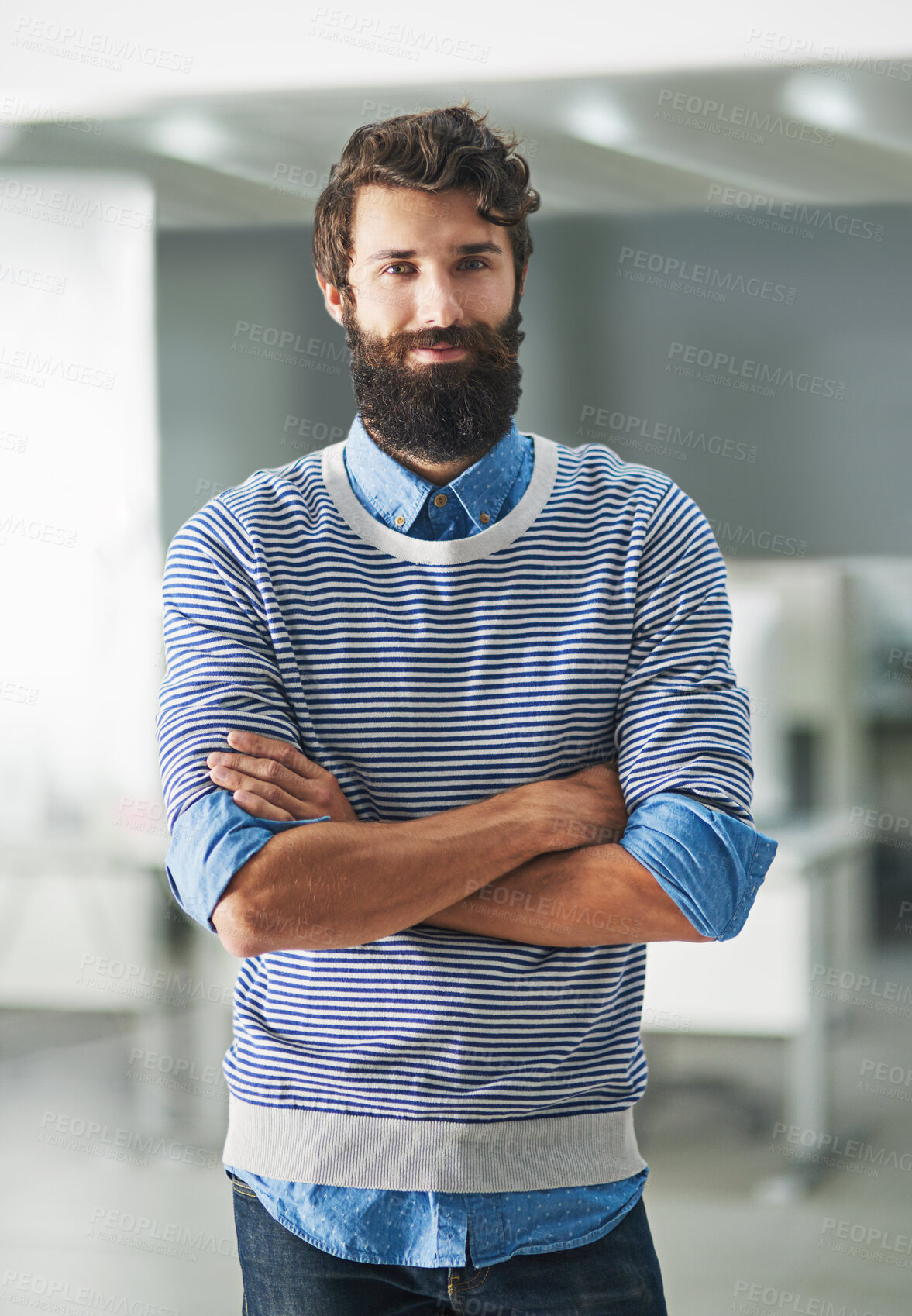 Buy stock photo Portrait, creative and business man with arms crossed in startup office for career, job or pride at workplace in Spain. Confidence, worker or professional entrepreneur, employee or editor in company