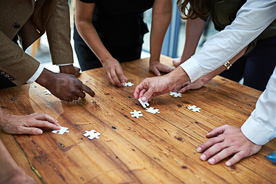 Buy stock photo Puzzle, group and business hands with problem solving, collaboration and integration for project solution. Creative staff or group with game for team building, planning or brainstorming in meeting