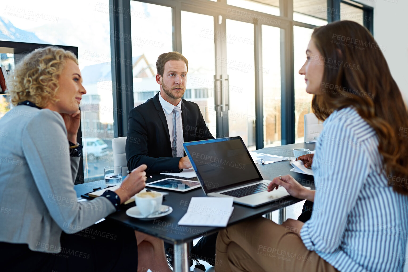 Buy stock photo Teamwork, lawyers or business people on laptop in conversation or meeting for law firm consulting. Legal advice, planning or attorneys talking in group discussion for news update or feedback review