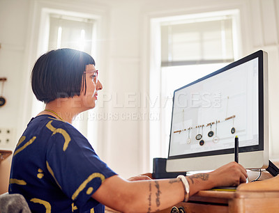 Buy stock photo Woman, computer and graphic design in home office for networking, communication and career. Planning, email and technology with female person for connectivity, content creation and online for blog 