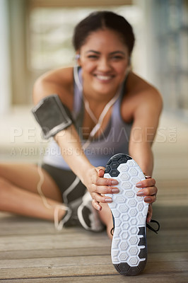 Buy stock photo Stretching, shoes or blur of girl runner streaming music to start training, workout or outdoor exercise. Leg warm up, portrait or happy sports woman athlete listening to radio and fitness podcast