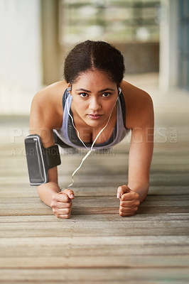 Buy stock photo Earphones, plank or portrait of girl runner streaming music to start training, workout or outdoor exercise. Ab strength, woman or healthy sports athlete listening to radio audio or fitness podcast