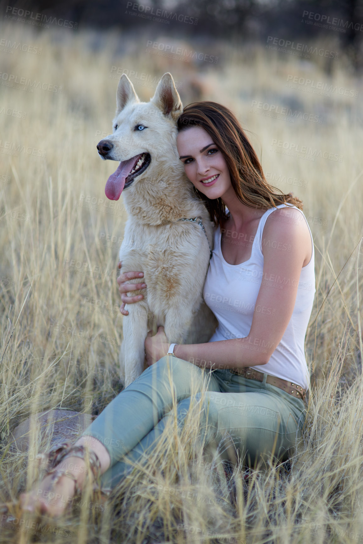 Buy stock photo Happy, portrait or woman hug dog in field for travel, adventure or behaviour training while bonding in nature together. Puppy, love or girl with calm pet Husky in a park with care, support and trust