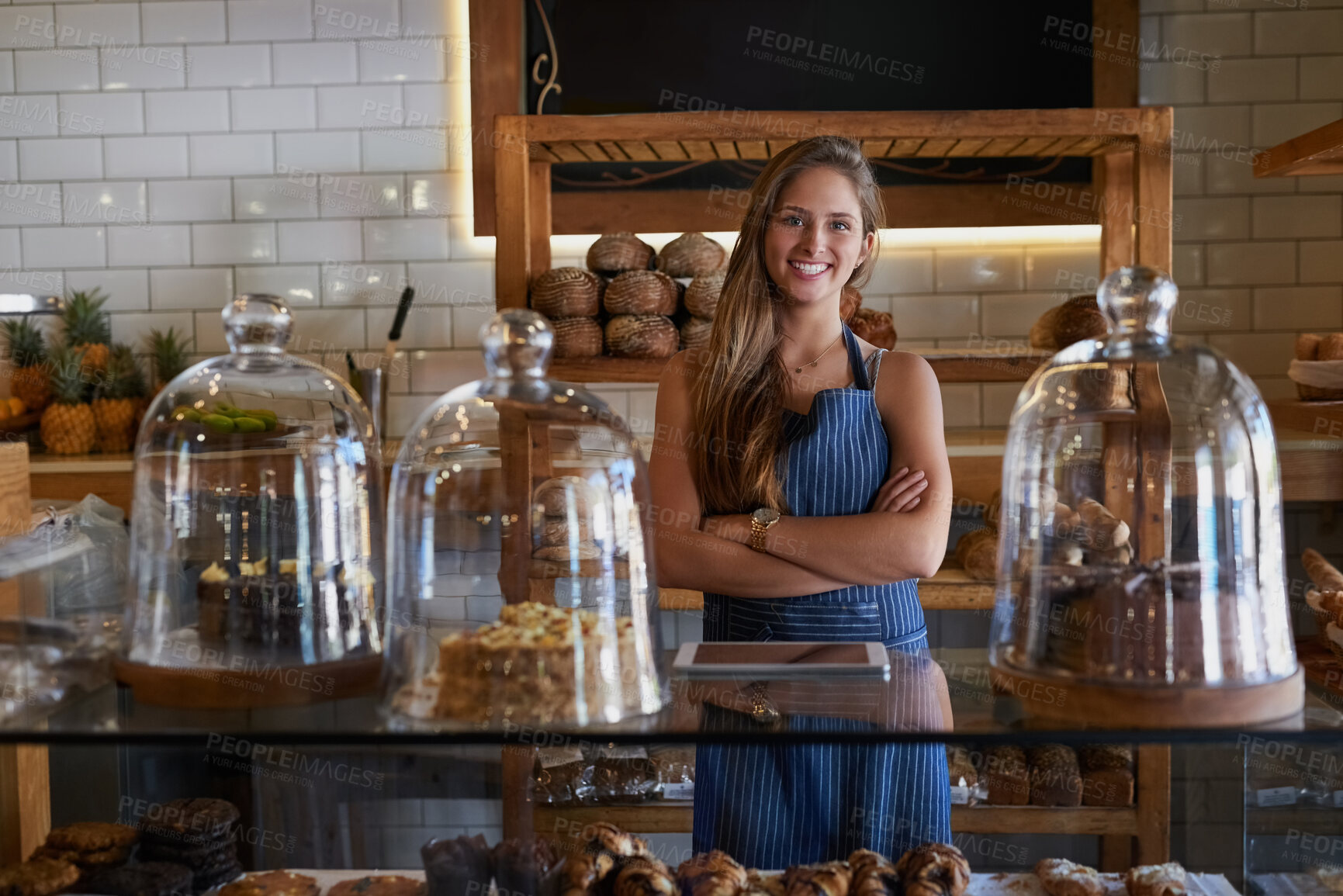 Buy stock photo Bakery, cafe and woman owner for business, portrait or smile for small scale restaurant or service. Kitchen, success and baker for entrepreneur in hospitality, shop or female person for food industry