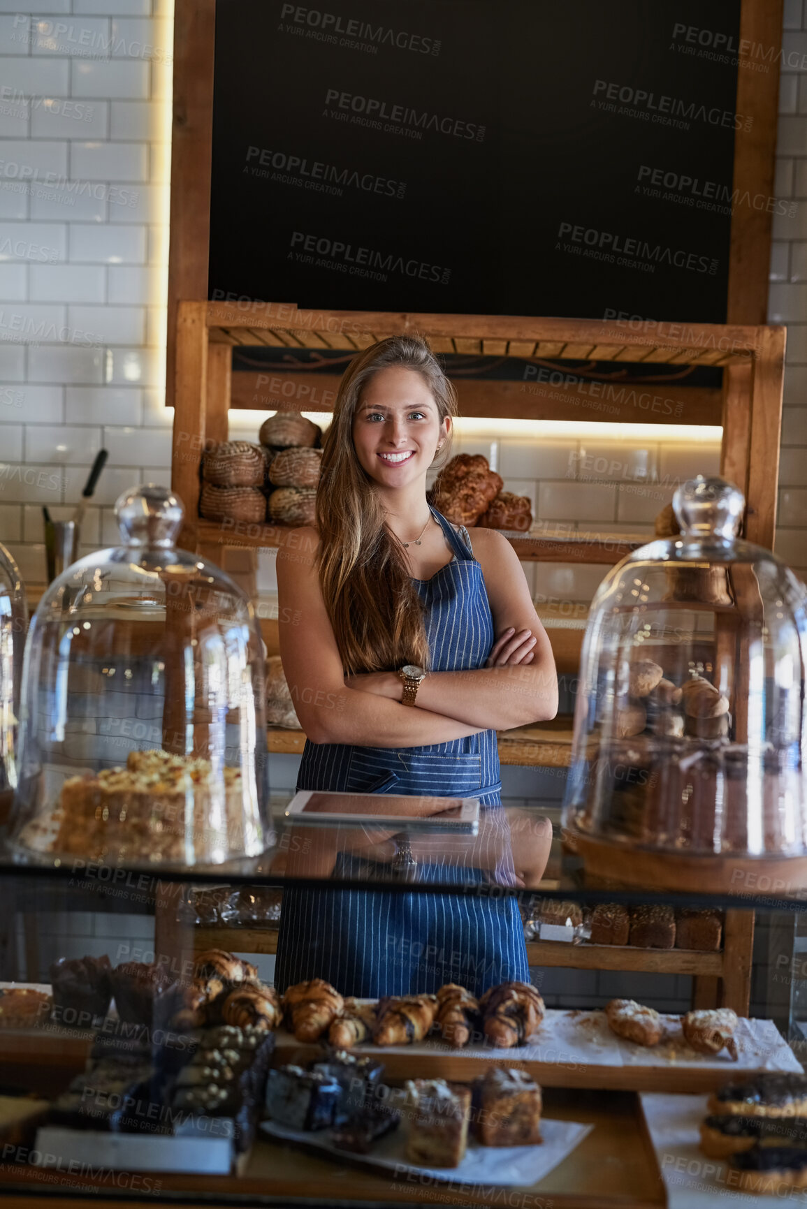 Buy stock photo Bakery, restaurant and woman owner for business, portrait or smile for small scale cafe or service. Kitchen, success and baker for entrepreneur in hospitality, shop or female person for food industry