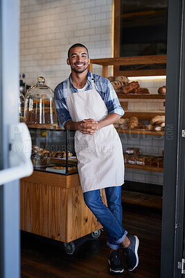 Buy stock photo Man, portrait and confident owner in coffee shop, small business and ready for customer service. Male person, welcome smile and waiter for hospitality in restaurant, pastry and proud of bakery store