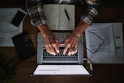 Buy stock photo Businessman, programming and typing on laptop in office with paperwork for email, coding and software script. Top view, tech expert and employee hands with programmer, IT developer and notes