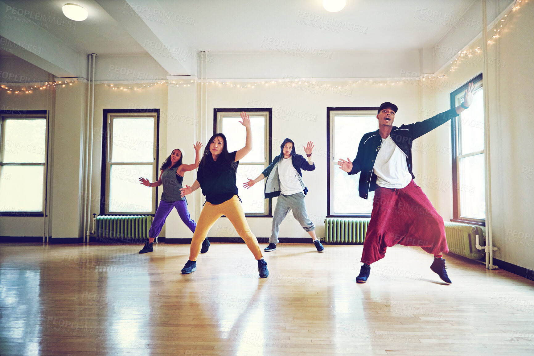 Buy stock photo Dancer group, hip hop and fitness for breakdance practice with friends for performance, competition and freedom. People, dancing class and team with talent to learn step routine together in rehearsal