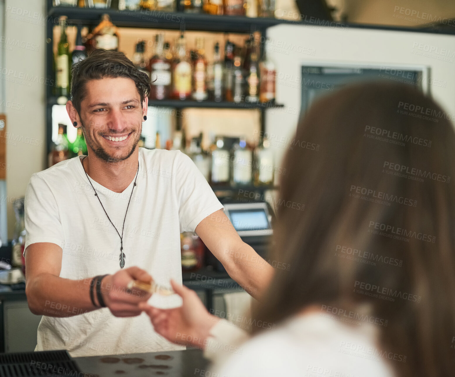 Buy stock photo Bartender, customer and credit card for payment in cafe with fintech or happy for service in small business. Banking, barman and consumer with POS at counter for transaction, checkout or order in bar