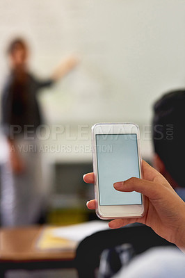 Buy stock photo Classroom, smartphone and learner typing message for internet research, online blog or social media post. Teacher, student and mobile technology for communication, studying and school project