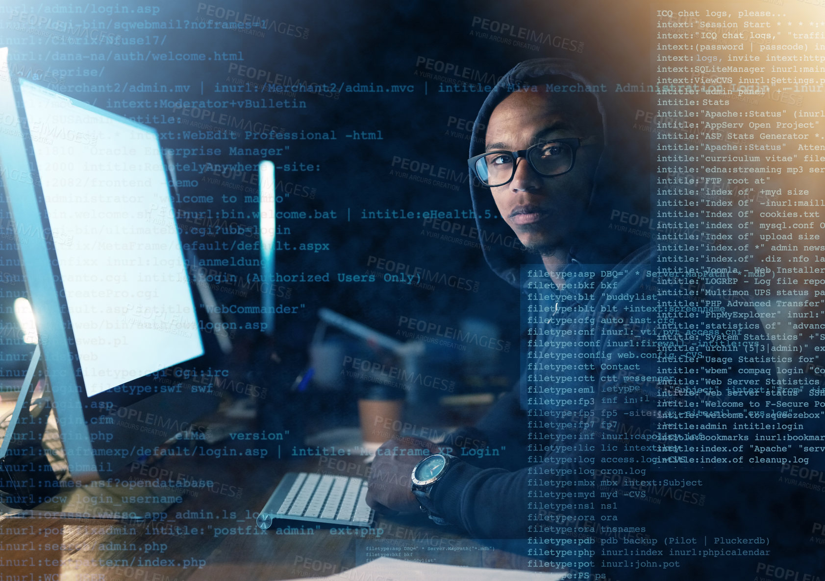 Buy stock photo Portrait, overlay and man hacking computer with coding for cybercrime, software development and dark office. Web, monitor space and hacker guy with screen light and install virus for malware update