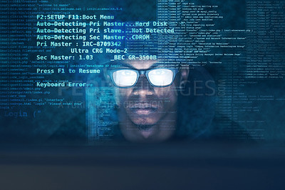 Buy stock photo Coding, hacker man and overlay with computer at night for cyber attack, ransomware and online scam. Information technology, firewall and programmer with database server for phishing, malware or fraud