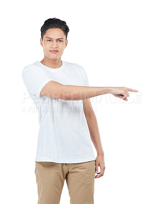 Buy stock photo Idea, mockup and pointing with portrait of asian man for question, product and deal choice. Target, solution and sales with isolated guy for gesture, space and planning in white background studio