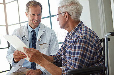 Buy stock photo Doctor, man and wheelchair with paperwork in clinic for consultation, report or medical review. Medic, clipboard and person with disability in hospital for documents, check or rehabilitation for care