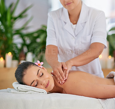 Buy stock photo Hands, massage and sleep with woman in spa to relax for body health, peace or wellness. Beauty, calm or natural stress relief with person and masseuse in clinic or salon for luxury treatment