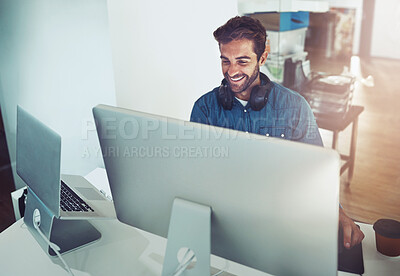 Buy stock photo Happy, computer and business man in office for planning, reading email or network online in creative startup. Pc, smile and programmer on internet for information technology, coding and IT software