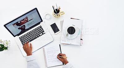 Buy stock photo Person, hands and top view of desk with laptop or creative web designer for beauty, notebook or brainstorming. Fingers, keyboard and writing for social media or small business, sales or cosmetics