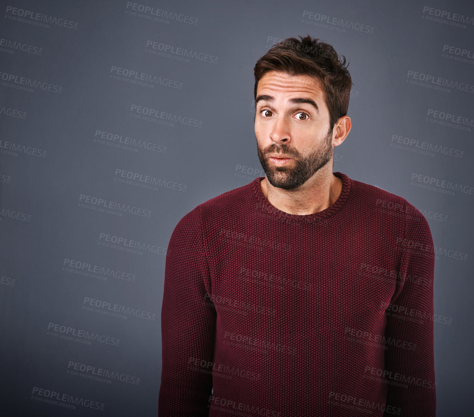 Buy stock photo Studio, portrait and surprise of man, rumor and hearing of secret, confused and gossip of news in mockup. Black background, drama and listening of person, space and face of question for information