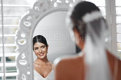 Buy stock photo Bride, wedding and smile on mirror for reflection, happy and prepare for ceremony celebration. Marriage, client and woman at salon or boutique for fabric sale, elegant white dress and classy makeup