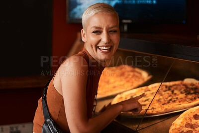 Buy stock photo Cafe, glass and woman with smile, pizza and choice for lunch at fast food store. Happy, fun and excited girl laughing at counter checking menu option at restaurant with decision, diet and nutrition 