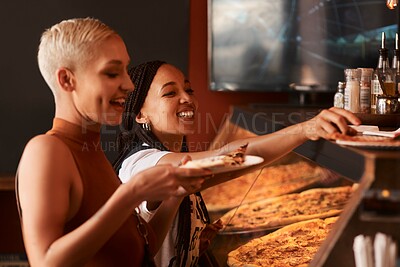 Buy stock photo Pizza, friends and women with fast food at a restaurant with order and lunch with conversation. Customer, dinner and happy people together with bonding and smile at a diner with meal and takeaway