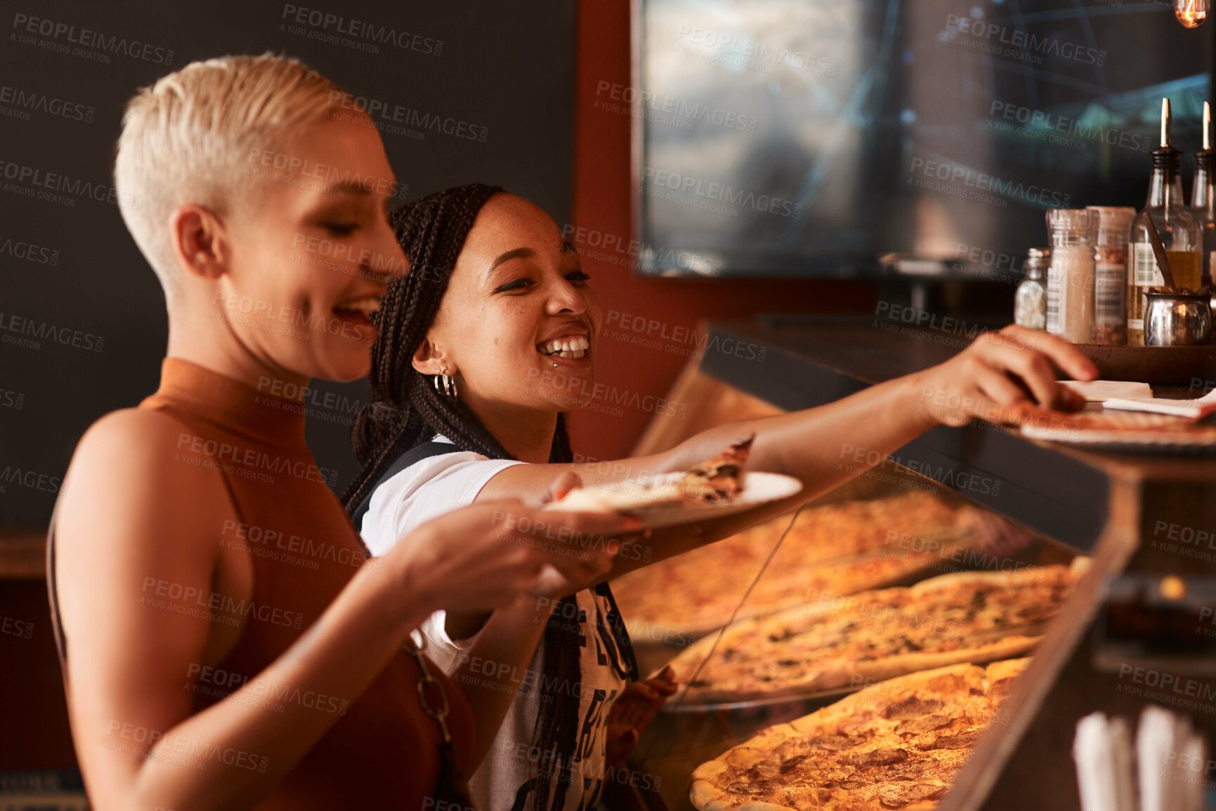 Buy stock photo Pizza, friends and women with fast food at a restaurant with order and lunch with conversation. Customer, dinner and happy people together with bonding and smile at a diner with meal and takeaway