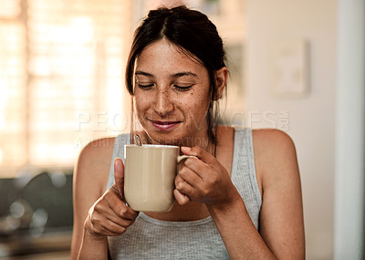 Buy stock photo Woman, smell and coffee in kitchen at house for drinking  brewed, aroma and caffeine for breakfast. Female person, beverage and breathe, fresh and morning fix to feel energy, relaxed and refreshed

