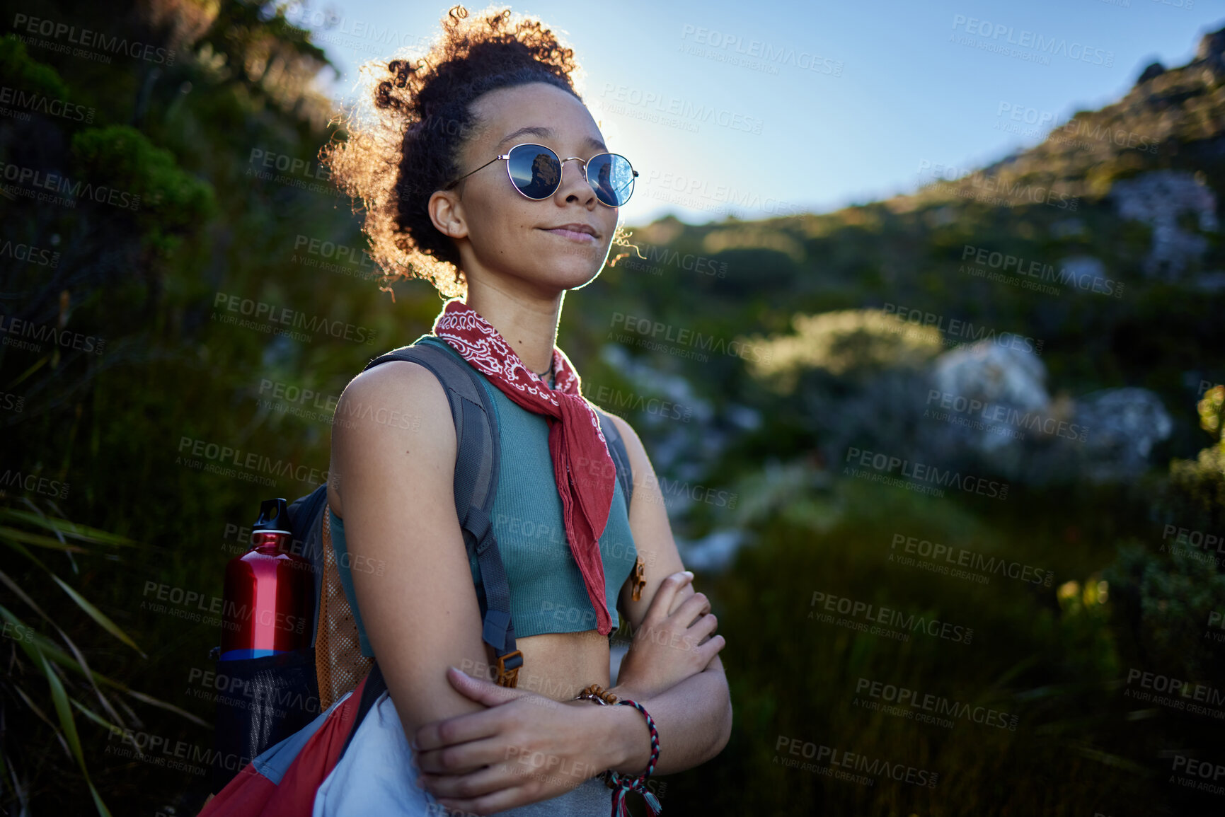 Buy stock photo Travel, woman and sunglasses in nature for hiking in morning, adventure or explore outdoor. Happiness, freedom and female person with eyewear for health, wellness lifestyle or summer fresh air