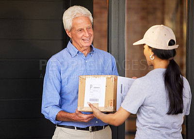 Buy stock photo Customer, box and delivery for ecommerce, logistics and online shopping and supply chain. Woman, courier and retail purchase with cargo, package and commercial service for distribution and freight