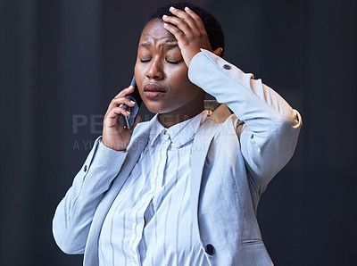 Buy stock photo Sad, business woman and phone call for virtual therapy, help and emotional support at work. Stress, female person and employee with mobile for contact and communication with online therapist