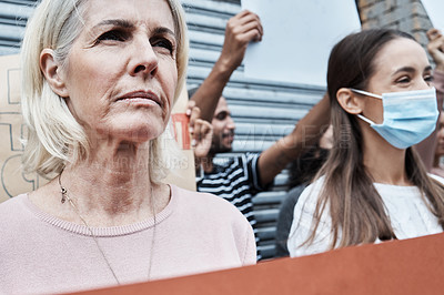 Buy stock photo Protest, mature and woman, fight and city, vaccine and rights, choice and decision, poster or stop virus injection for safety. Crowd, society and support, vote and opinion, change and politics law