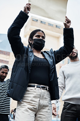 Buy stock photo Woman, city and protest sign for vaccine, change and community freedom of choice for society. Street, poster and group at rally outdoor for fight, human rights and revolution for politics together