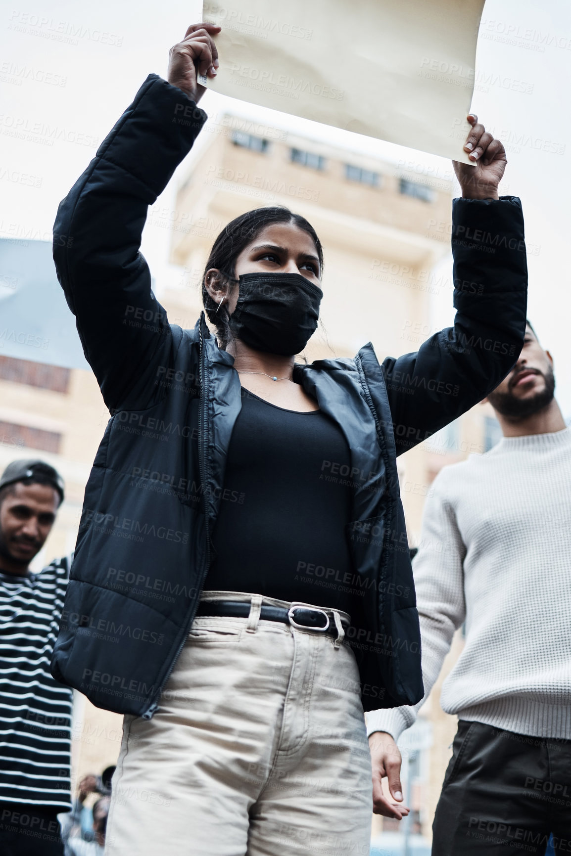 Buy stock photo Woman, city and protest sign for vaccine, change and community freedom of choice for society. Street, poster and group at rally outdoor for fight, human rights and revolution for politics together